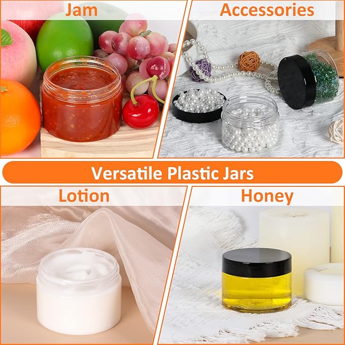 Clear 4 oz Plastic Jars with Lids & Labels - Refillable Cosmetic Small Containers with Black Screw Lid/Slime Containers (4 fl.oz, 48Pack)