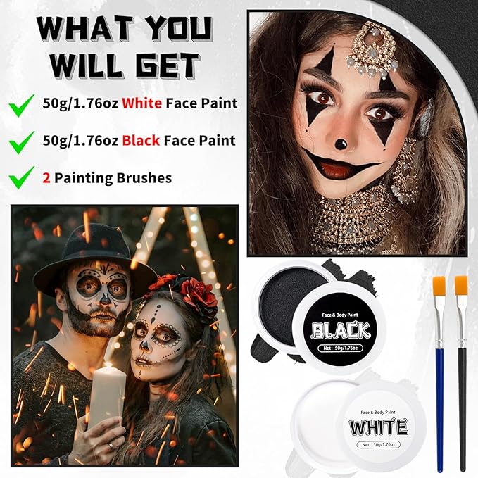 TonJin Black + White Face Body Paint Set 3.5oz/100g, Non-Toxic Professional Facepaint Makeup Kit with 2 Brushes for Kids & Adults Art Theater Halloween Party Cosplay Clown Corpse Goth SFX Makeup
