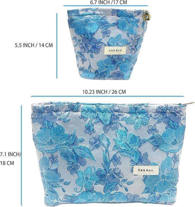 2 Pcs Makeup Bags, Large Cosmetic Bag Travel Toiletry Bag Organizer for Women, Embroidery Craft, Floral Makeup Bag Small Cosmetic Pouch Purse with Zipper Gifts for Girls Teen