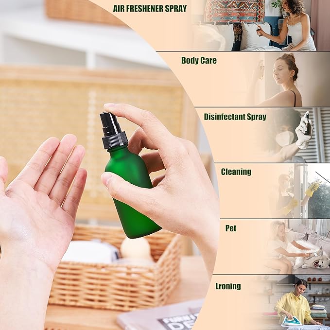 2 oz Glass Spray Bottles, Reusable Fine Mist Sprayer Small Spray Bottle, Preety Frosted Texture, Leak-Proof Design, Perfect for Travel, Skin Care, Perfumes (Green-Frosted, 2oz-24pcs)