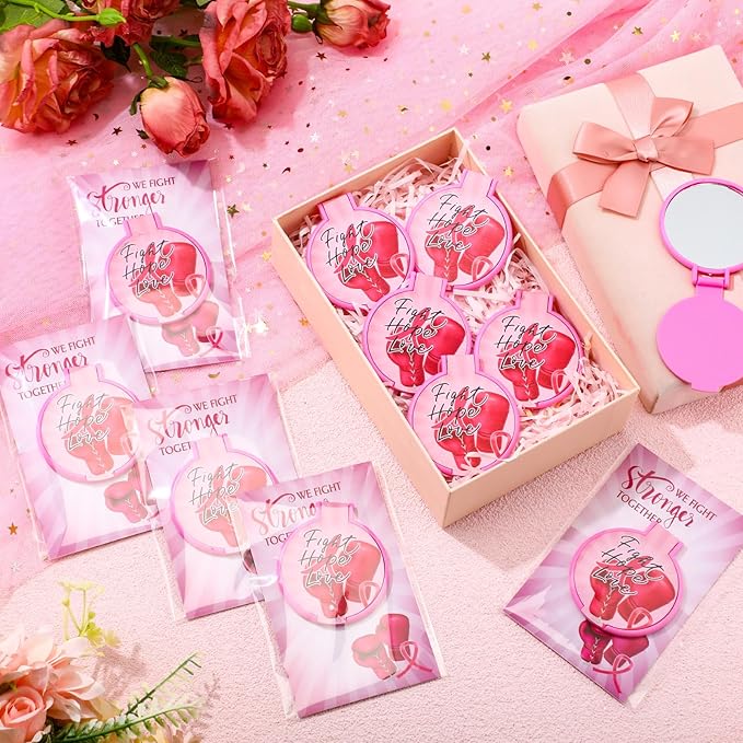 30 Sets Breast Cancer Awareness Gifts for Women Inspirational Folding Pocket Round Compact Mirrors with Motivational Cards Pink Ribbon Boxing Gloves Breast Cancer Survivor Gifts
