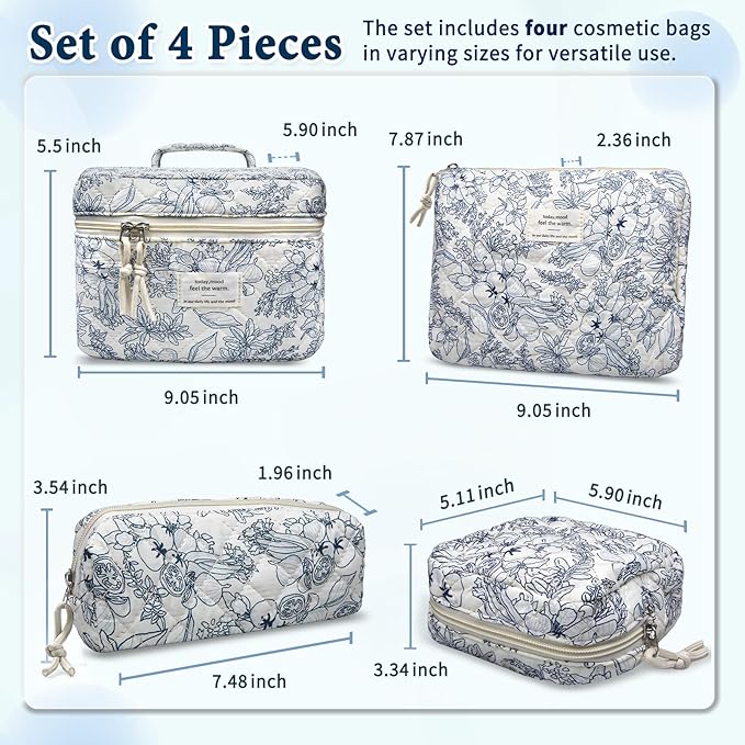 VIWIME Makeup Cosmetic Bag, Large Cotton Quilted Travel Coquette Aesthetic Cute Floral Make up Bag for Women Toiletry Bag Organizer (209 - Lao Lan/4Pcs)