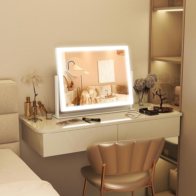FENNIO Vanity Mirror with Lights 13'' x 17'' Makeup Mirror with Lights,Vanity Mirror Touch Screen with 3-Color Lighting,Dimmable,for Vanity Desk Bedroom White