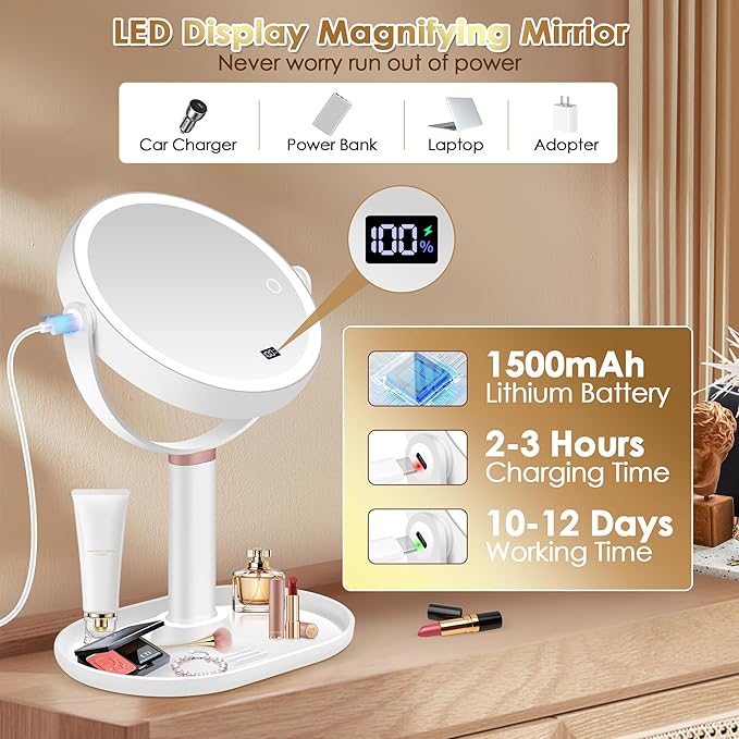 MIYADIVA Makeup Mirror with Lights, 30X/1X Magnifying Mirror with Digital Display, Height Adjustable Desk Mirror, Detachable for Travel, Vanity Mirror with Phone Holders and Tweezers, Gifts for Women