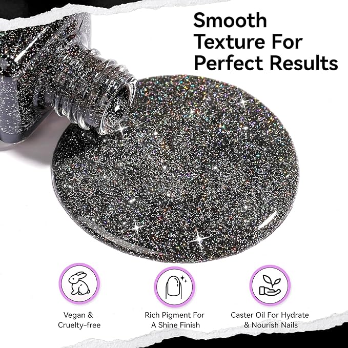 Black Glitter Nail Polish, Fast Air Drying Regular Nail Polish Rainbow Sparkly Shimmer Black Nail Lacquer, High Shine Toe Fingernail Polish, Nails Art Salon Manicure at Home Gift