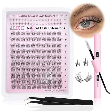 ALICE Lash Clusters Kit Clear Band Natural Lash Extensions Kit 5-16mm Wispy Cluster Eyelash Extension DIY Invisible Band Individual Cluster Lashes with Bottom Lash Bond and Seal Waterproof