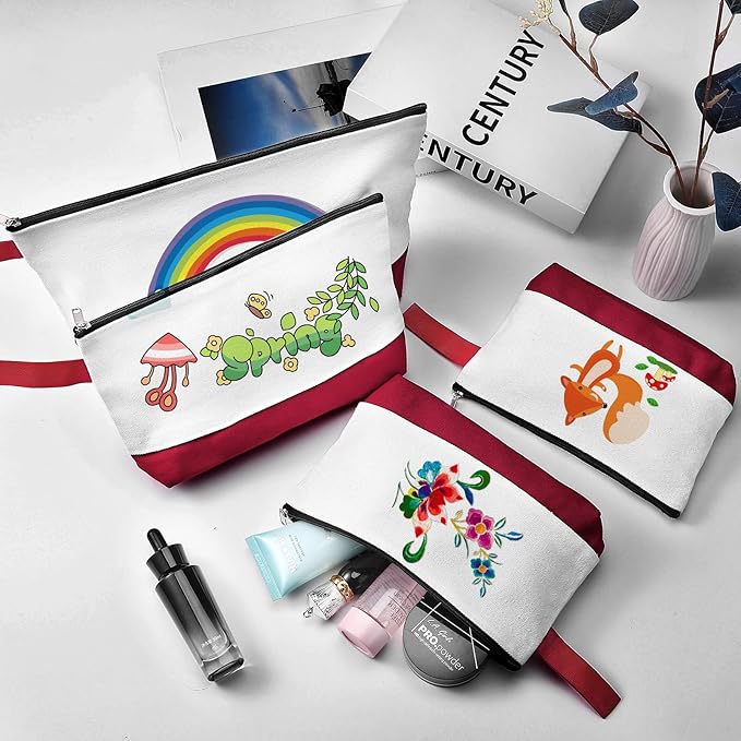10 Pieces Cotton Canvas Makeup Bag with Bottom and Strap, Multi-Purpose Cosmetic Bag with Zipper Travel Toiletry Pouch, Blank DIY Craft Bag (White&Red, L)