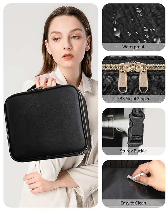 Makeup Bag With LED Mirror, Travel Makeup Case with Light up Mirror Large Cosmetic Case with 3 Color Lighted Portable Organizer Bag with Adjustable Dividers（Black）