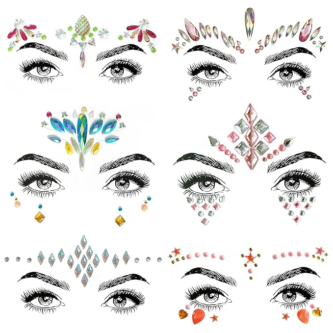 6 Pcs Face Gems, Face jewels, Face Sticker, for Halloween Music Festivals Party Rave Carnival Birthday Party