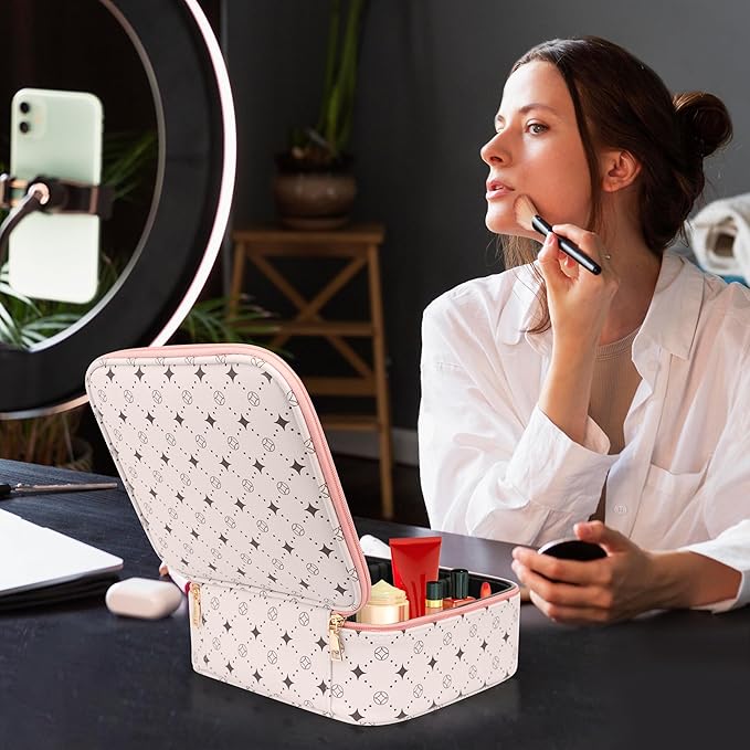 Travel Makeup Bag,Waterproof Cosmetic Organizer, Adjustable Dividers,Portability Cosmetic Train Case,Makeup organizer,Gift for Women,Girls Gift (Beige+Pink)