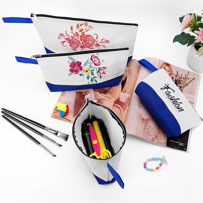 10 Pieces Cotton Canvas Makeup Bag with Bottom and Strap, Multi-Purpose Cosmetic Bag with Zipper Travel Toiletry Pouch, Blank DIY Craft Bag (White&Blue, S)