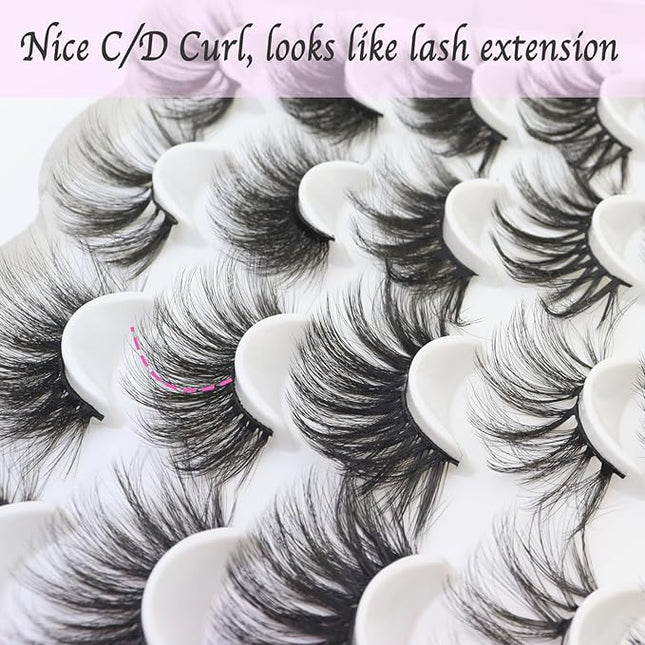 DAODER False Eyelashes 25MM Mink Lashes Dramatic Look Fluffy Long Fake Eyelashes Wispy 25mm False Lashes Strip 10 Variety Pairs Mixed for Halloween Bold Makeup