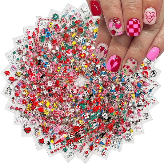 30 Sheets Heart Valentine Nail Art Stickers Decals 3D Self-Adhesive Pegatinas Uñas Red Heart Nail Decals Red Lips Rose Nail Supplies for DIY Acrylic Nail Art Decoration for Women and Girls