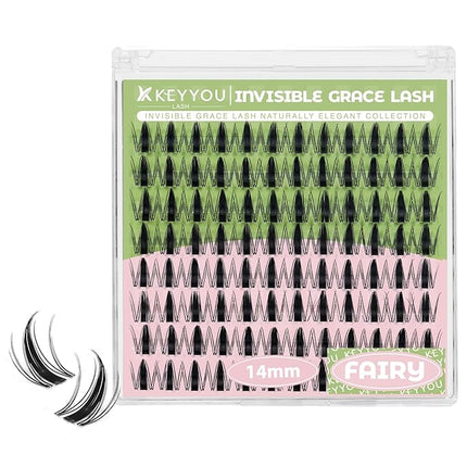 KEYYOU Fairy Lash Clusters 96Pcs D Curl 14MM Manga Lash Extension Eyelash Extension Wispy Natural Invisible Band Lash with Waterproof DIY Lash Extension at Home(Fairy-D-14MM)
