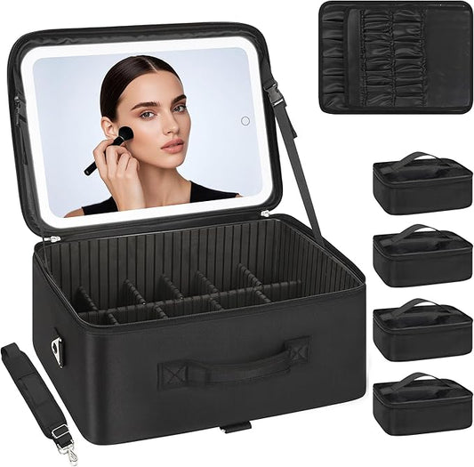 Relavel Extra Large Makeup Bag with LED Mirror, Cosmetic Train Case for Makeup Artists with 4 Removable Pouches and Adjustable Dividers, Hair Supplies Organizer, Travel Portable Mirror with Lights