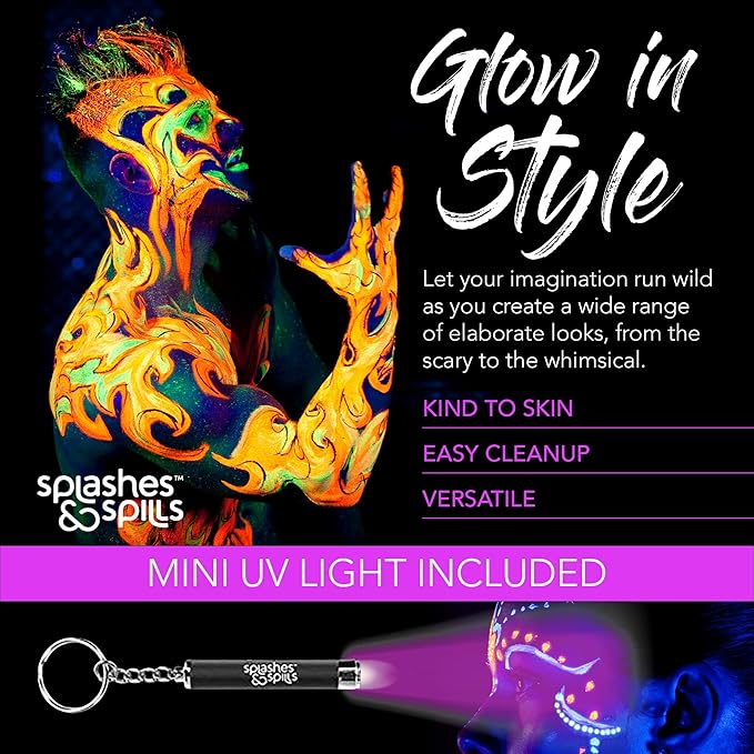 Splashes & Spills UV Face and Body Paint Sticks - UV Body Paint, UV Face Paint for Costume, Cosplay, Theater, Club - Glows Under UV Light - Black Light Paint For All Skin Types (6 Colors)