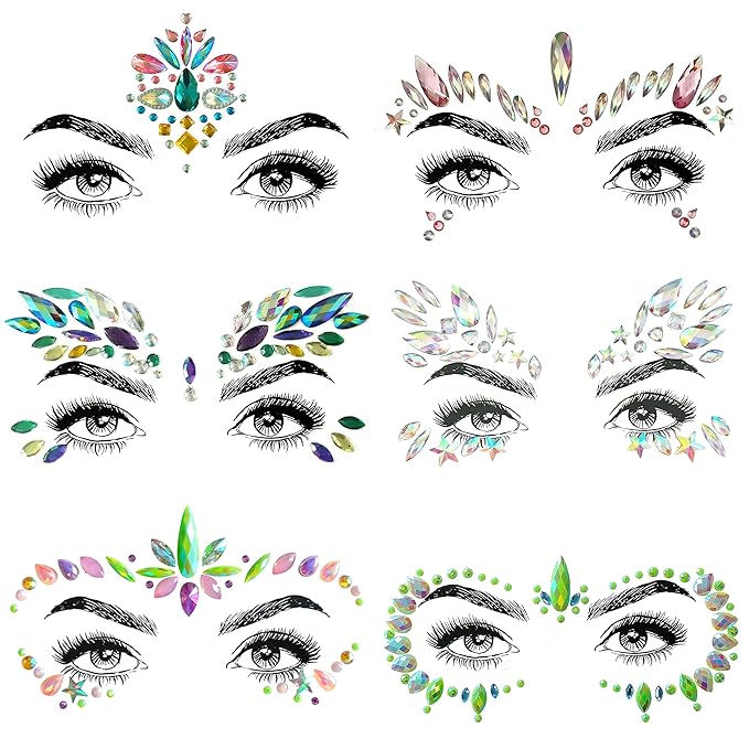 6 Pcs Festival Gems, Glitter Rhinestone Rave Face Jewels, Crystals Stickers, Eyes Body Temporary Tattoos