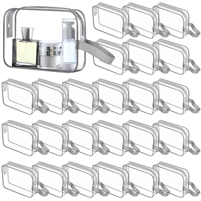 Silkfly Clear Toiletry Bag PVC Travel Cosmetic Bag with Handle Strap Makeup Pouch with Zipper Summer Vacation Salon Graduation Gift End of the Year Gifts(Gray,24 Pack)