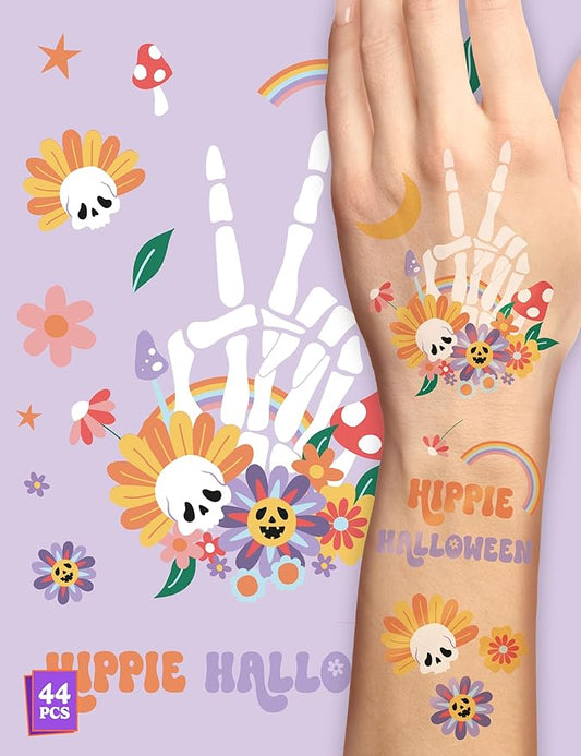HOUSE OF PARTY Halloween Temporary Tattoos for Kids - Pack of 44 - Hippie Temporary Tattoos - Non-Toxic Waterproof Stickers for Adults and Women - Ideal for Halloween Party Favors and Decorations!