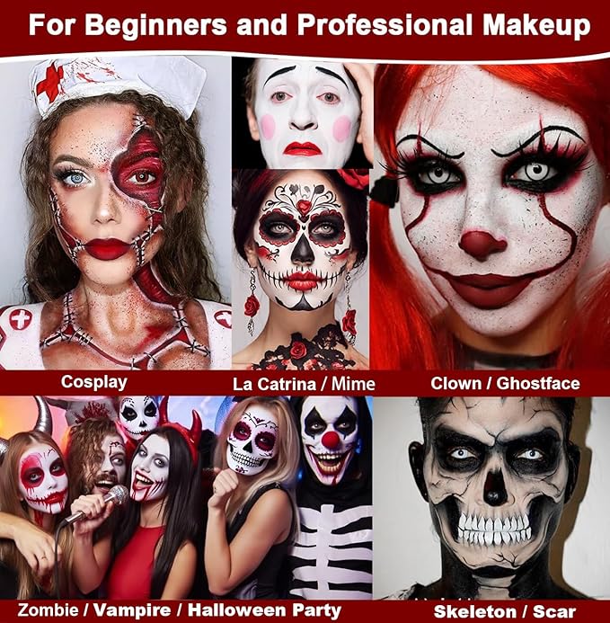 Afflano Red Black White Face Paint Halloween Clown Makeup Kit, Black and White Body Paint with Sponges Brushes, Washable Red Face Painting for Joker Pennywise Zombie Vampire Cosplay Theater SFX Makeup