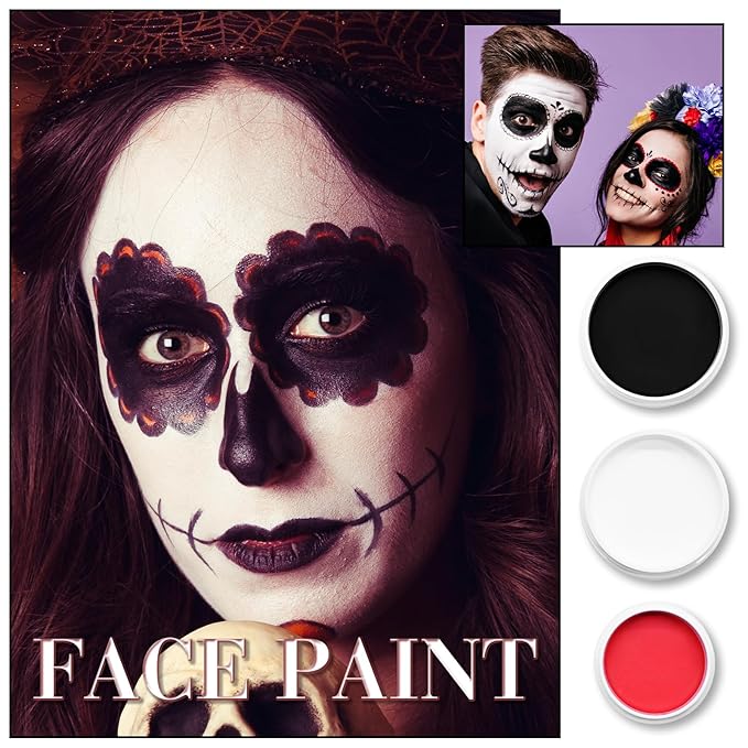3-Piece Red Black White Face & Body Paint Set - Professional Corpse Cosplay SFX Makeup Kit for Halloween, Skeleton, Skull , Clown, Vampire, Zombie, Full Coverage Skin Paints for Adults Kids