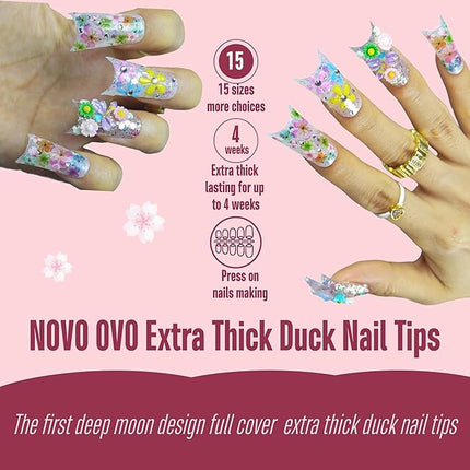 NOVO OVO Halloween Extra Thick Duck Feet Nail Tips Full Cover with Moon Curve for Press on Acrylic, Medim Long Clear Pre-Etched Matte Flare Wide French Soft Gel False Nail Extension x 15 Sizes 240 pcs