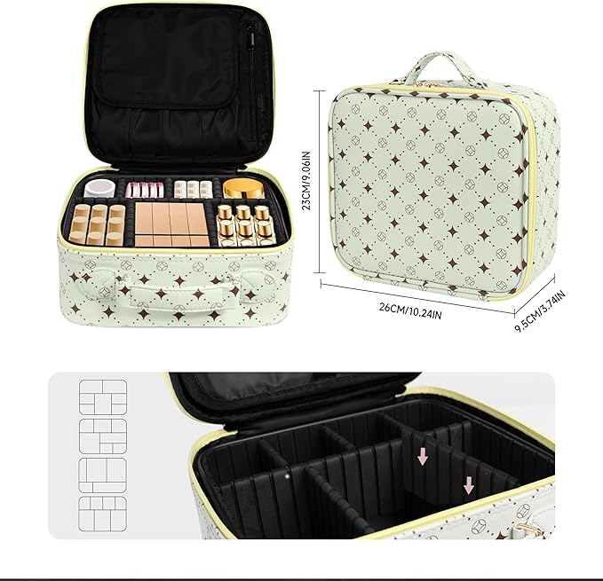 Travel Makeup Bag,Waterproof Cosmetic Organizer, Adjustable Dividers,Portability Cosmetic Train Case,Makeup organizer,Gift for Women,Girls Gift (Green+Yello)