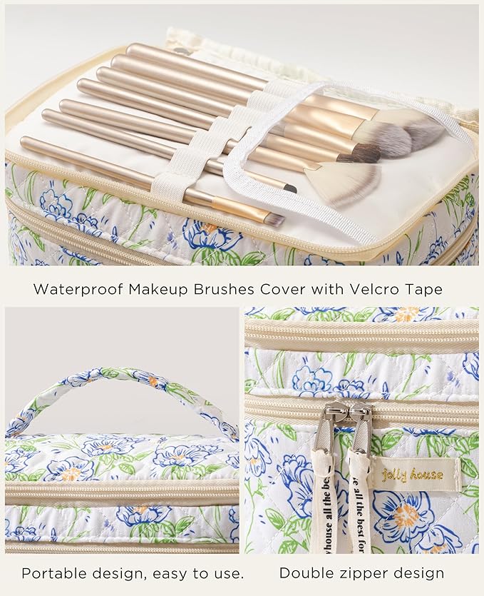 HBselect 2Pcs Travel Makeup Bag, Large Cotton Quilted Makeup Bag Cosmetic Bag Cute Make up Bag Toiletry Bags for Women Girls