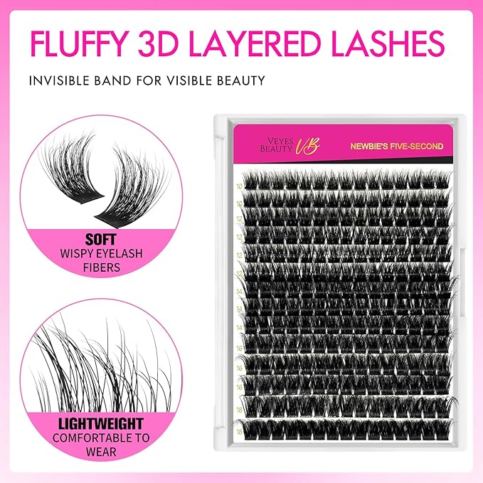 VEYESBEAUTY Lash Clusters Fluffy Individual Lash Extensions Xtreme 3D Layered Volume Eyelashes Thin & Invisible Band Wispy Faux Mink Lash Newbie's Five-Second Mixed Length 10-18mm