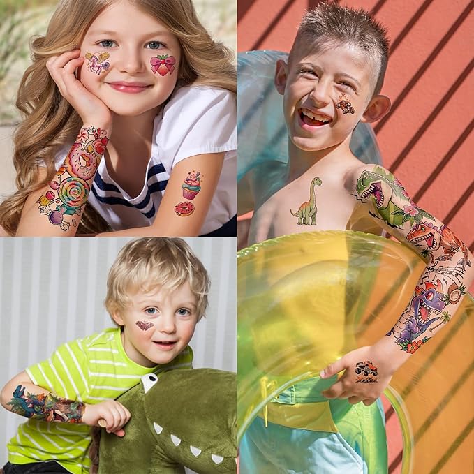 52 Sheets Kids Temporary Tattoos, Full Arm Sleeve Dinosaurs Monster Car Space Fake Tattoos for Boys, Mermaid Unicorn Butterflies Face Body Stickers for Girls Birthday Gifts Party Supplies