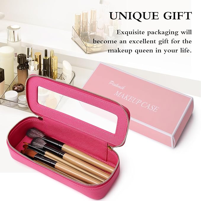 Pinkmik Makeup Brush Case Clear Travel Cosmetic & Toiletry Bag Small Makeup Bag with Zipper Purse Organizer Car Essential Bag for Women (X/Fuxia, SLIM)