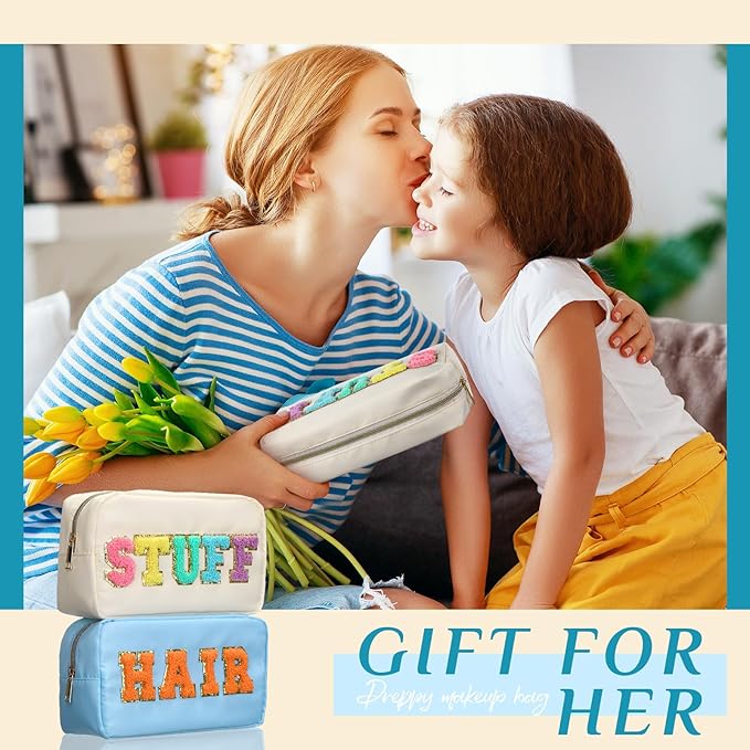 Cunno 4 Pcs Preppy Makeup Bags Chenille Letter Stuff Bag Nylon Cosmetic Pouch Cases with Zipper for Women Travel Toiletry