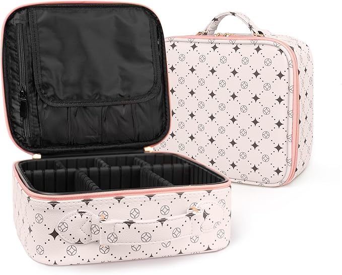 Travel Makeup Bag,Waterproof Cosmetic Organizer, Adjustable Dividers,Portability Cosmetic Train Case,Makeup organizer,Gift for Women,Girls Gift (Beige+Pink)