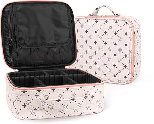 Travel Makeup Bag,Waterproof Cosmetic Organizer, Adjustable Dividers,Portability Cosmetic Train Case,Makeup organizer,Gift for Women,Girls Gift (Beige+Pink)