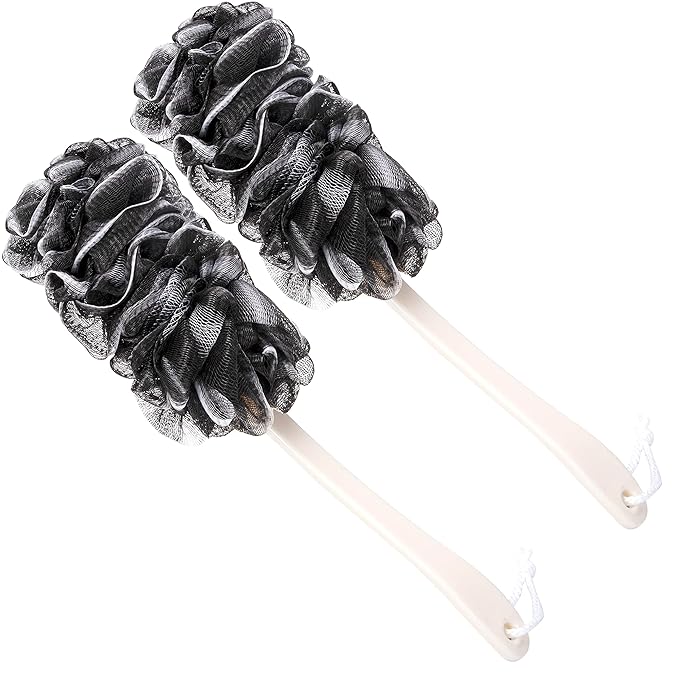 Back Scrubber for Shower,Loofah Long Handle Bath Body Brush,Soft Nylon Mesh Sponge for Shower,Loofah On a Stick for Men Women,Exfoliating Scrub Cleaning Luffa for Elderly(2-Pack,Black)