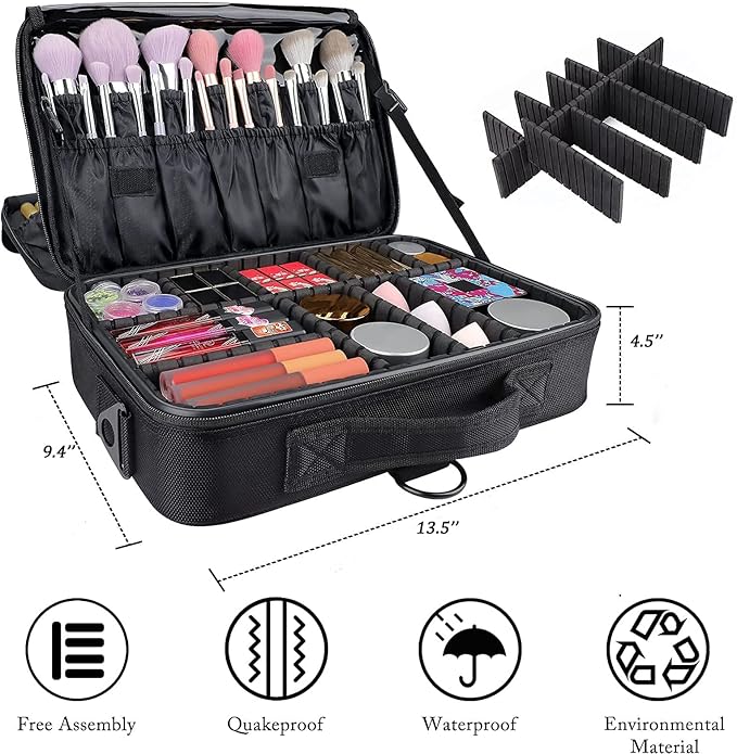 JOURMON Travel Makeup Case 3 Layers Makeup Train Case Portable Makeup Bag Organizer Portable Artist Storage Bag with Adjustable Dividers and Shoulder Strap（Black, M）