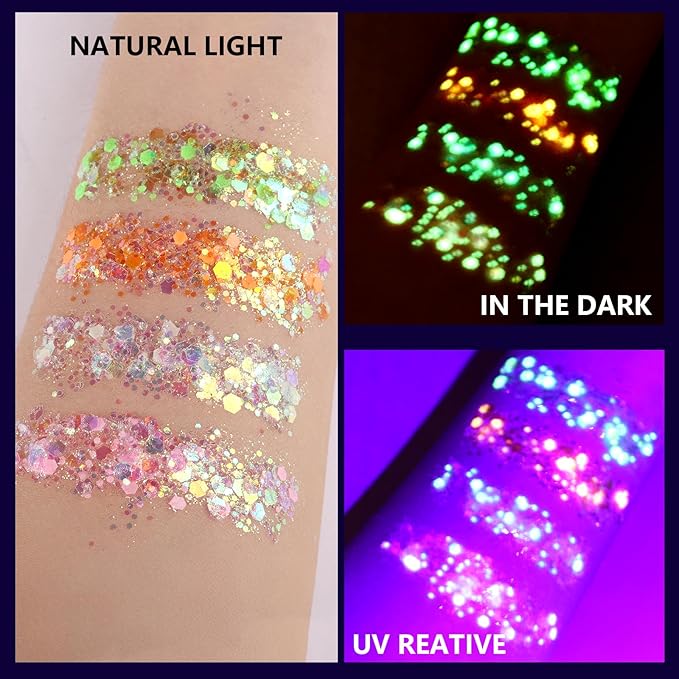 Teenitor Glow in The Dark Glitter, 12 Colors Body Glitter Face Glitter Hair Glitter Gel for UV Black Light Halloween Makeup Festivals Raves