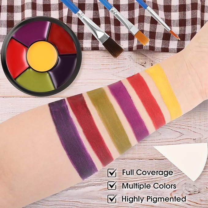 6 Colors Halloween Face & Body Paint + 6pc Sponge + 3pc Brush, Yellow, Purple, Red, Green, Bruise Wheel for SFX, Face Paint, Body Paint Kit for Zombie, Clown, Joker, Alien, Witch Makeup