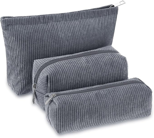 3 Pcs Makeup Bag Set for Women Corduroy Cosmetic Pouch Aesthetic Smile Travel Toiletry Bag Cute Purse Pouch Pencil Case Makeup Brushes Storage Organizer for Christmas(Gray,Solid Style)