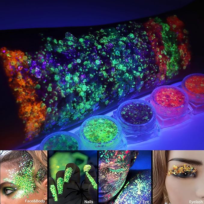 12 Color Glow in The Dark Gel Glitter - UV Black Light Reactive for Face, Body, Eyeshadow, No Glue Needed - Perfect for UV Parties, Festival & Rave Makeup-Glitter for Cosmetic Purposes
