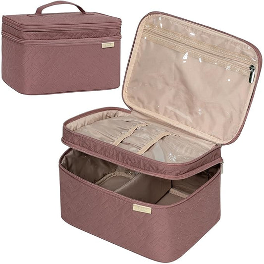NISHEL Large Double Layer Travel Makeup Bag Women, Large Cosmetic Case, Organizer for Travel-Size Accessories Bottles, Brushes, Conditioner, and Skin Care Products, Rose-wood Pink