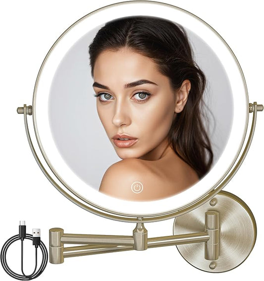 8.5" Wall Mounted Makeup Mirror with Light, 2000mAh Rechargeable Double Sided 1X / 10X Magnifying Vanity Mirror, 3 Color Lights Touch Dimmable 360° Rotation Bathroom Mirror, Nickel