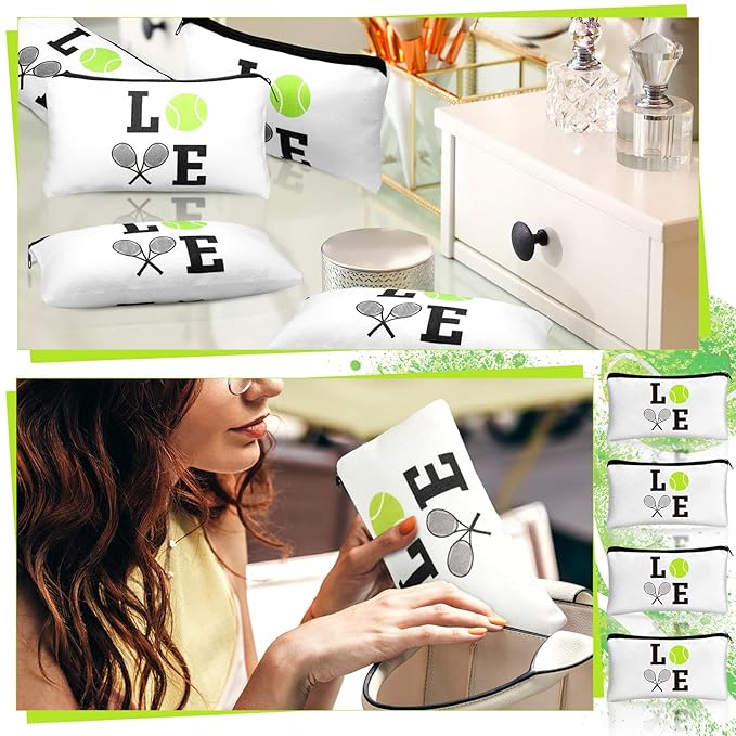 Moukeren 12 Pieces Tennis Makeup Bag Cosmetic Bag Travel Portable Storage Toiletry Case Accessories with Zippers Tennis Gifts for Lovers Players Teams Women Girls(White)