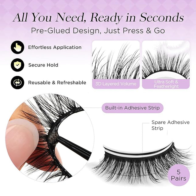 BEYELIAN Self Adhesive Eyelashes Press on Lashes, Reusable Pre Glued Eyelashes No Glue Need, Wispy Natural Look Faux Mink False Eyelashes 5 Pairs ZCV-180