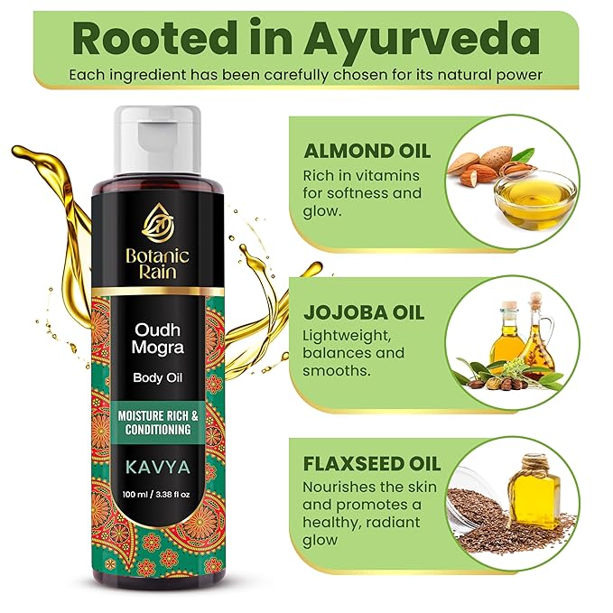 Ayurveda Body Oil with Oudh & Mogra – Organic, Nourishing & Hydrating for Dry, Flaky Skin – Fast Absorbing, Non-Greasy, Ayurvedic for Men & Women – 3.38 fl oz (Pack of 1)