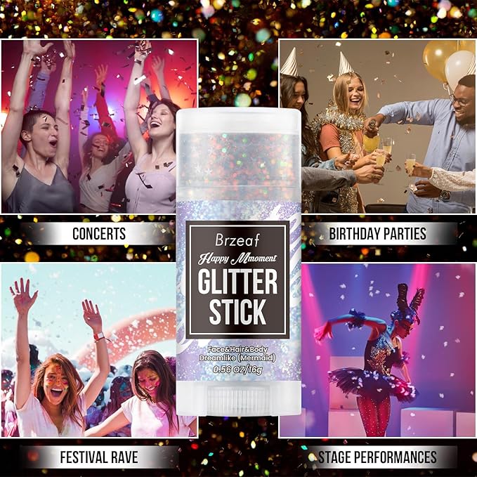 Brzeaf Waterproof Mermaid Glitter Stick, Shimmery& Long Lasting, Hallowen Hair Eyeshadow Face Body Glitter, Singer Concert Music Rave Festival, Glitter Stick Makeup & Face Glitter Gel for Women Men