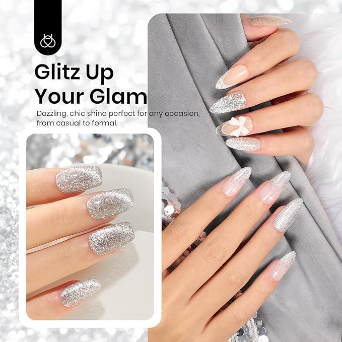 Beetles Sliver Cat Eye Gel Nail Polish - 15ML Glitter Cat Eye Magnetic Holographic Fall Gel Polish Soak Off UV Salon DIY French Nail Art Gift for Women