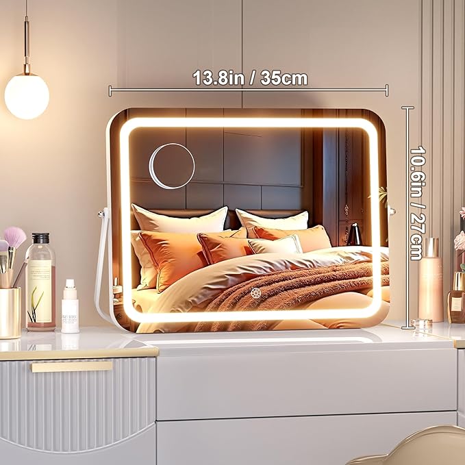 MINISO Vanity Mirror with Lights, 14" x 11" LED Makeup Mirror, Light & Brightness Adjustment, Smart Sensor, 360°Rotation, Aluminum Alloy Metal White Frame, with 5X Magnifying Glass