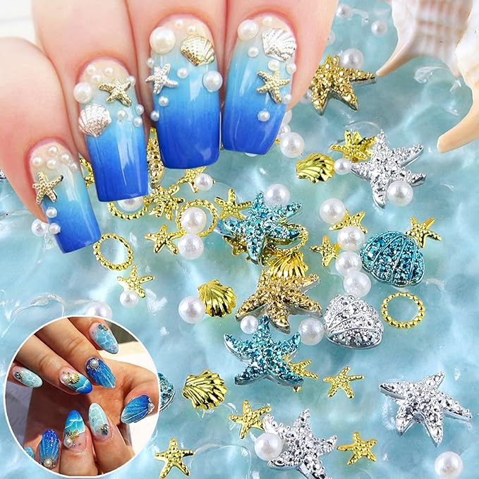 Summer Nail Art Rhinestones,Shiny Shell Starfish Nail Charms 3D Resin Nail Art Charms Metal Star Seashell Starfish Theme Summer Charms for Acrylic Nails Pearl for Women DIY Accessories Decor