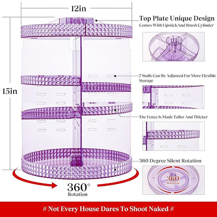 Makeup Organizer 360 Degree Rotating Cosmetic Storage Organizer, Acrylic Make Up Organizer, Large 7 Layers 360 Makeup Organizer, Fits Makeup Brushes, Lipsticks, Bathroom, Vanity, X-Large Purple